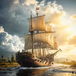 a pirate ship sailing through the water at sunset