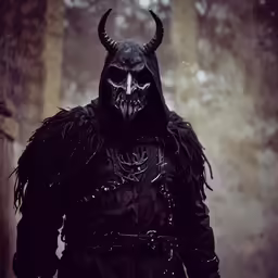 an evil person wearing a horned black outfit and mask