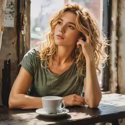 a beautiful young blonde woman sitting at a table