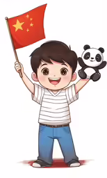 boy holding a flag and a panda bear