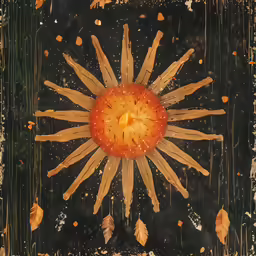 an abstract painting of the sun that shines on top of other leaves