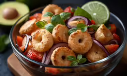 a glass bowl with some fried food in it