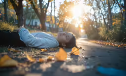 a woman laying on the road next to yellow leaves