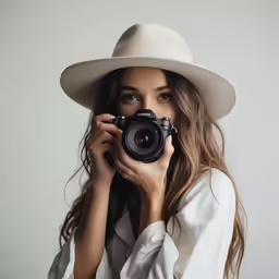 woman holding camera up to face with hat