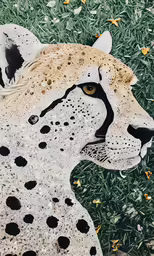 a painted cheetah laying in a field of green grass