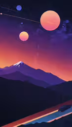 a car driving in the middle of a dark mountainous area,mountains, valleys, and a body of water in the sky with planets above