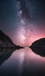a lake with the night sky in the background