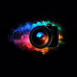 a camera on a dark background with colored smoke