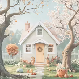 there is a small cottage with a wreath in the door