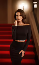 a woman in a black dress standing on some stairs