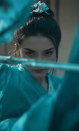 a close - up of a person wearing a blue outfit and an elegant flower in her hair