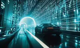 a car on a street with a bright tunnel