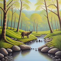a painting of a deer in a forest,a deer in the woods by a creek,an oil painting of a deer in the woods,a painting shows a deer in the middle of a river,painting of deer and ducks in a river surrounded by green grass