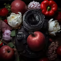 an apple and some flowers are shown near the camera