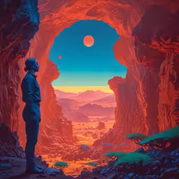 a man looking into an open cave with sunset,man stands in front of an opening to a distant desert