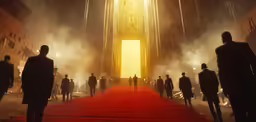 a red carpet leading up to a very tall building