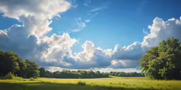 a wide open field with clouds and some trees