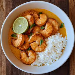 a bowl of rice and shrimp with a lime slice