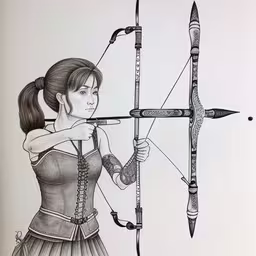 pencil art drawing of a girl shooting bows,a drawing of a girl holding an archery set,a drawing of a woman in costume shooting an arrow with a bow and arrows,a woman in a dress holding an arrow and aiming,a drawing of a woman aiming an arrow with a bow