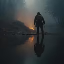 a person wearing a backpack near a fire