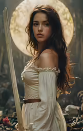 a beautiful woman wearing a white dress is holding a sword