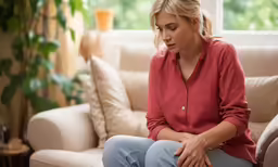 a woman sitting on the couch looking down