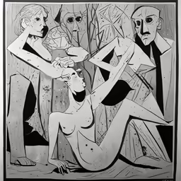 an ink drawing on paper depicting three people in the woods