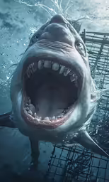 a shark is open mouth and some cages underneath it