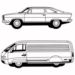an old car and van drawn in black and white,a car and a van drawn in black and white