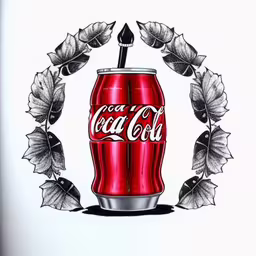 a drawing of a red and gray coca cola can surrounded by leaves,an illustration of a coca - cola bottle with leaves surrounding it
