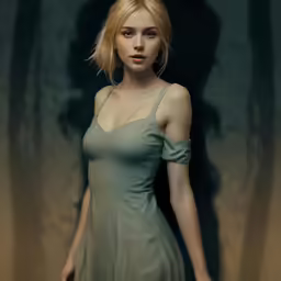 a woman in a dress stands in front of a large shadow