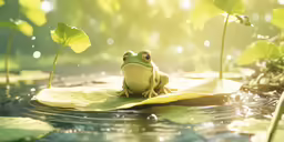 a frog sits on a leaf in water