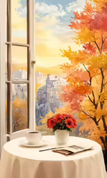the view out the open window of a teacup on a table with a white cloth