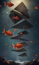 a surreal design with orange fish flying over it