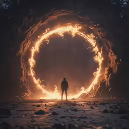 the silhouette of a man looking out to the night through an orange, circular fire filled area