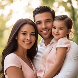a man and woman are hugging their daughter