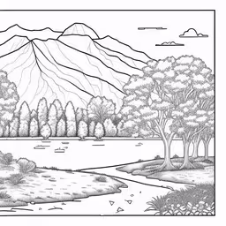 an illustration of a forest with mountains and river,coloring book pages coloring landscape coloring page