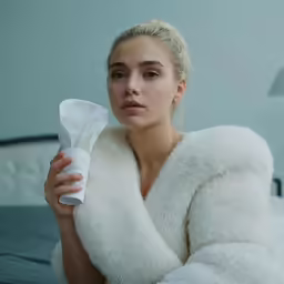 a woman holding a paper towel and an empty toiletries bottle