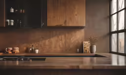 there is a counter top in a kitchen that is brown