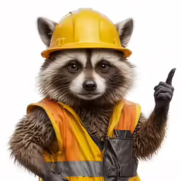 raccoon with hard hat and yellow vest giving approval
