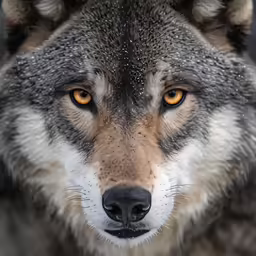 the wolf is staring into the camera while looking