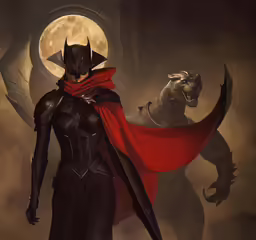 a man in costume holding a dog in front of a full moon
