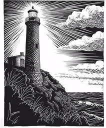 a black and white drawing of a lighthouse,an ink drawing of a lighthouse in the distance