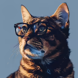 the cat is wearing glasses and sitting with his head behind the glasses