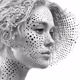 black and white photograph of a woman with dots on her face
