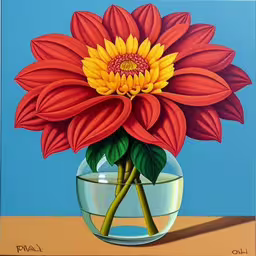 a painting of a flower with yellow petals,painting of a yellow and red flower in a bowl,a painting of a flower inside of a vase,the colorful flower is in a clear vase,a painting of a red flower in a glass vase