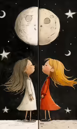 two illustrations of children looking at the stars and moon