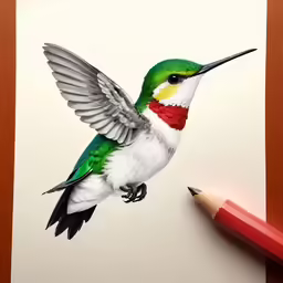 the drawing shows a hummingbird flying with its wings spread
