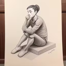 a drawing of a guy sitting on a block with his hand to his chin,a drawing of a man sitting on top of a box