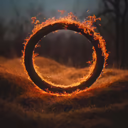 a ring of fire sitting on top of grass